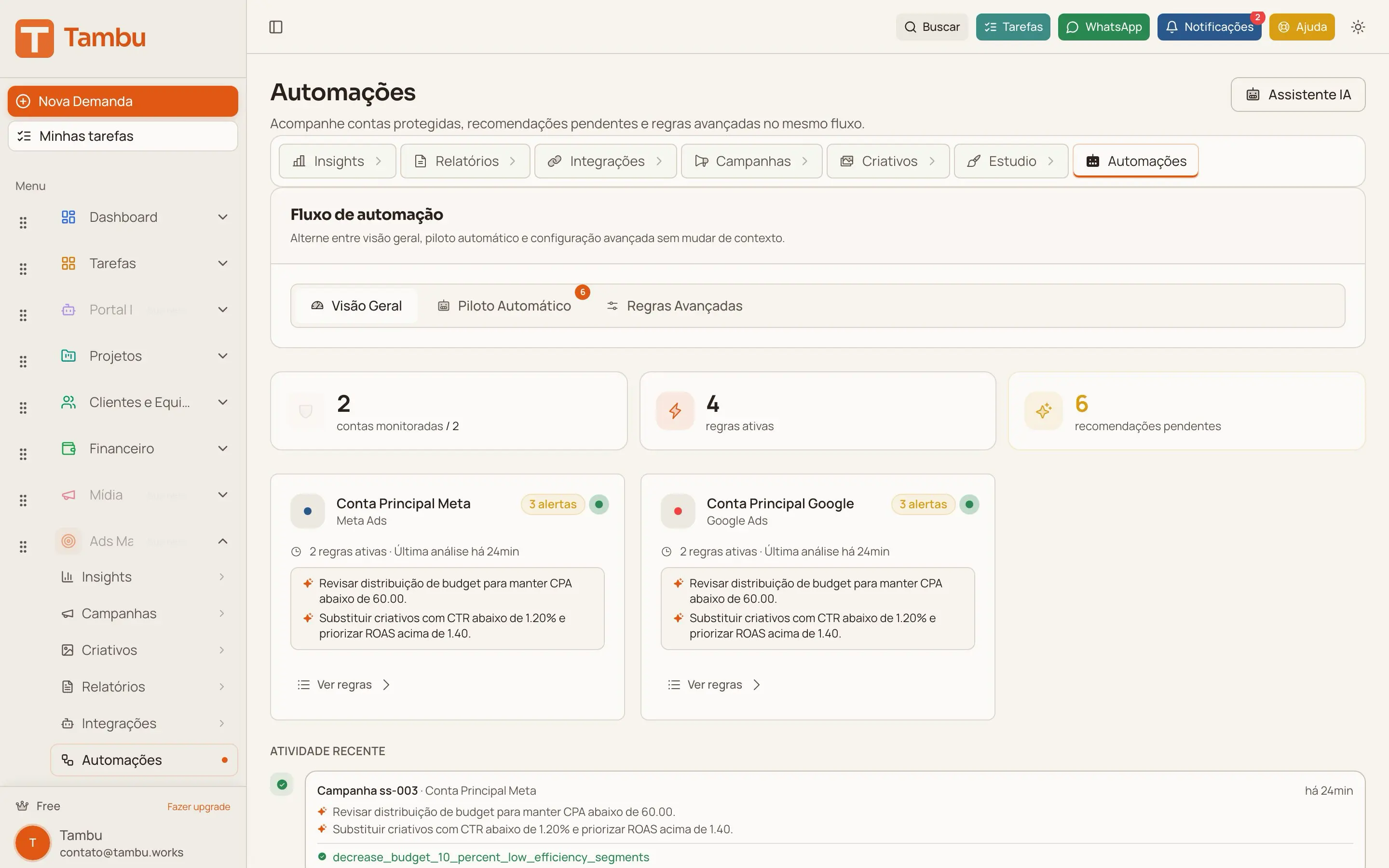 Screenshot do módulo Automações & Workflows
