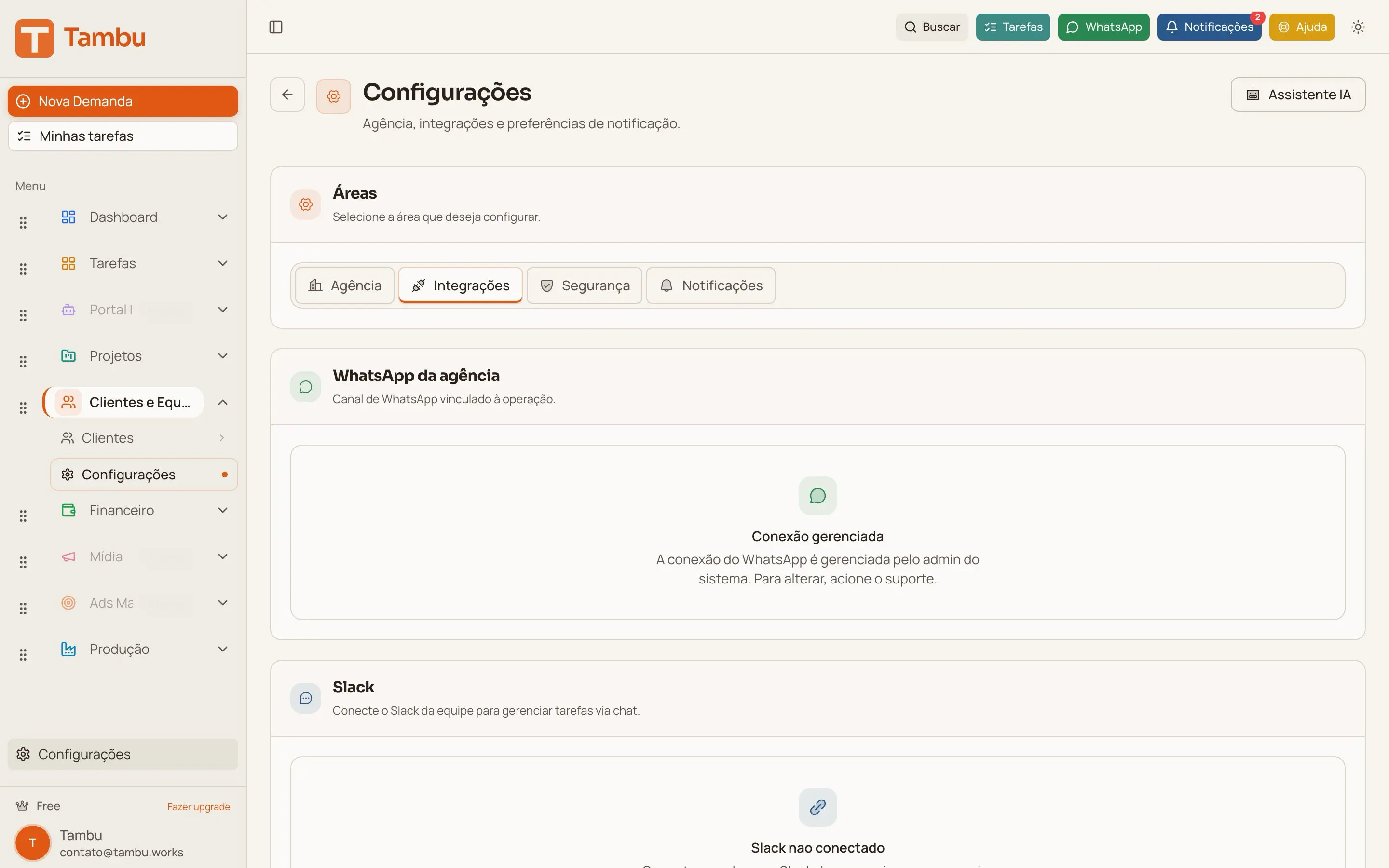 Screenshot do módulo Slack & Teams