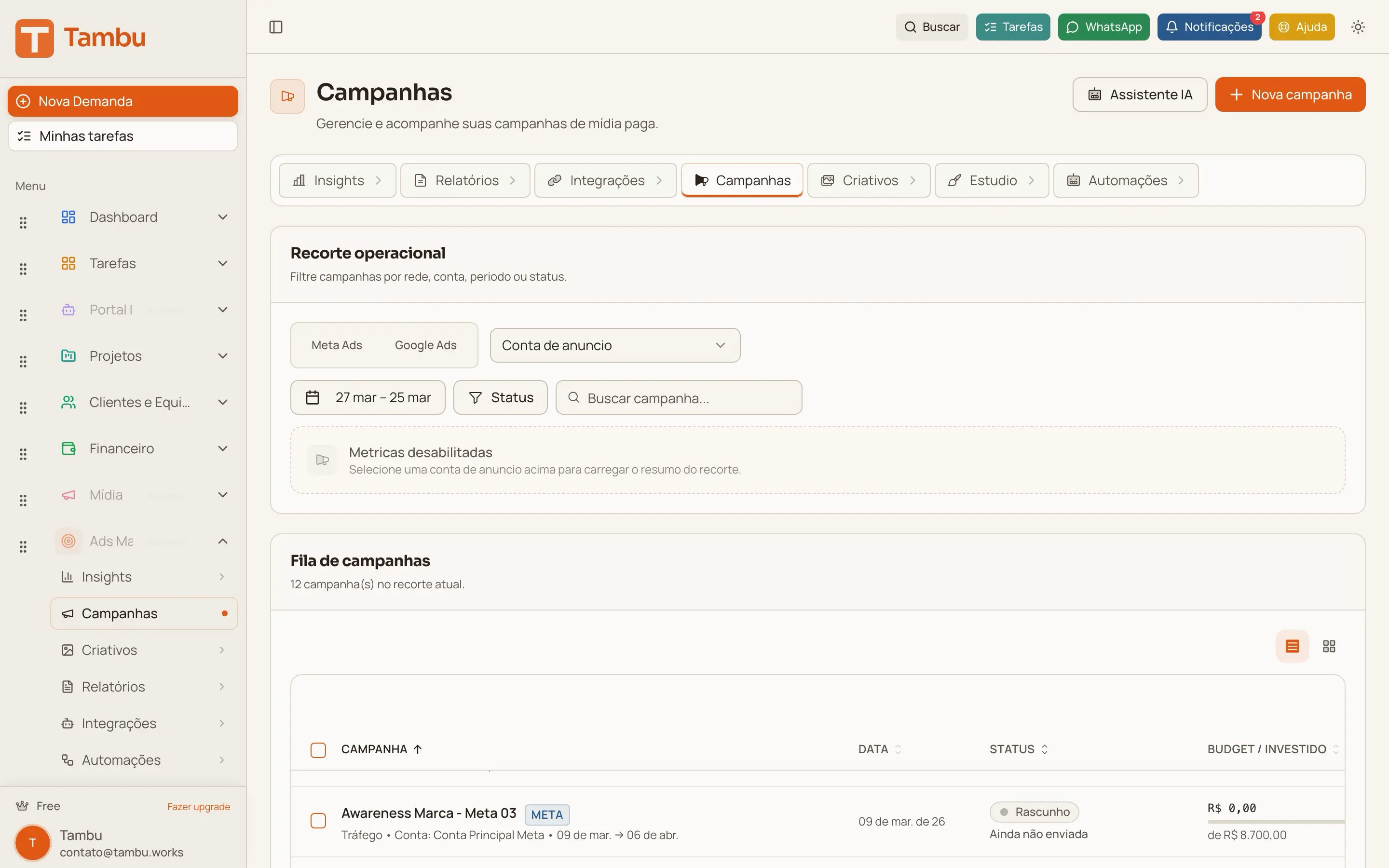 Screenshot do módulo Mídia Digital (Ads Manager)