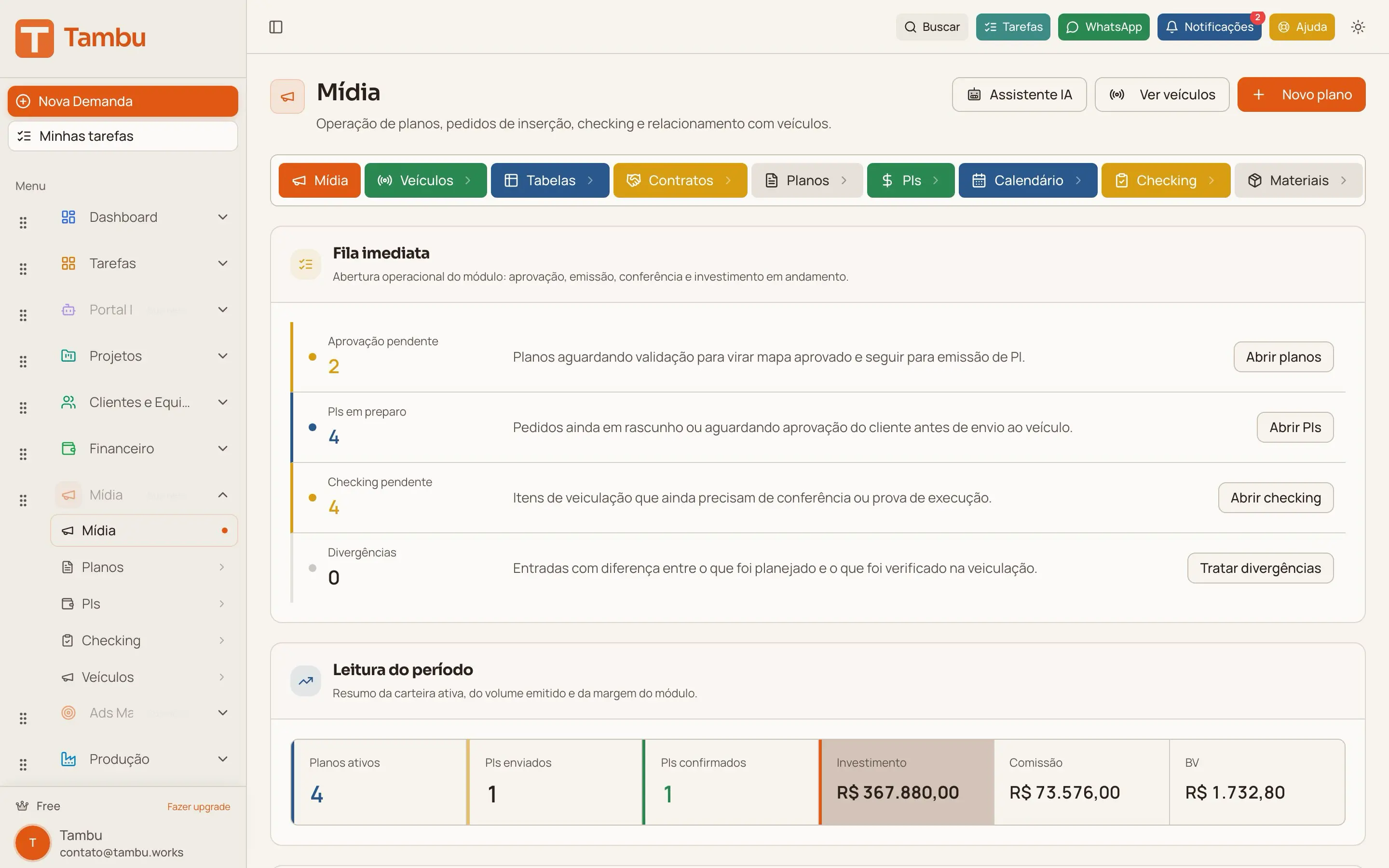 Screenshot do módulo Mídia Tradicional (CENP)