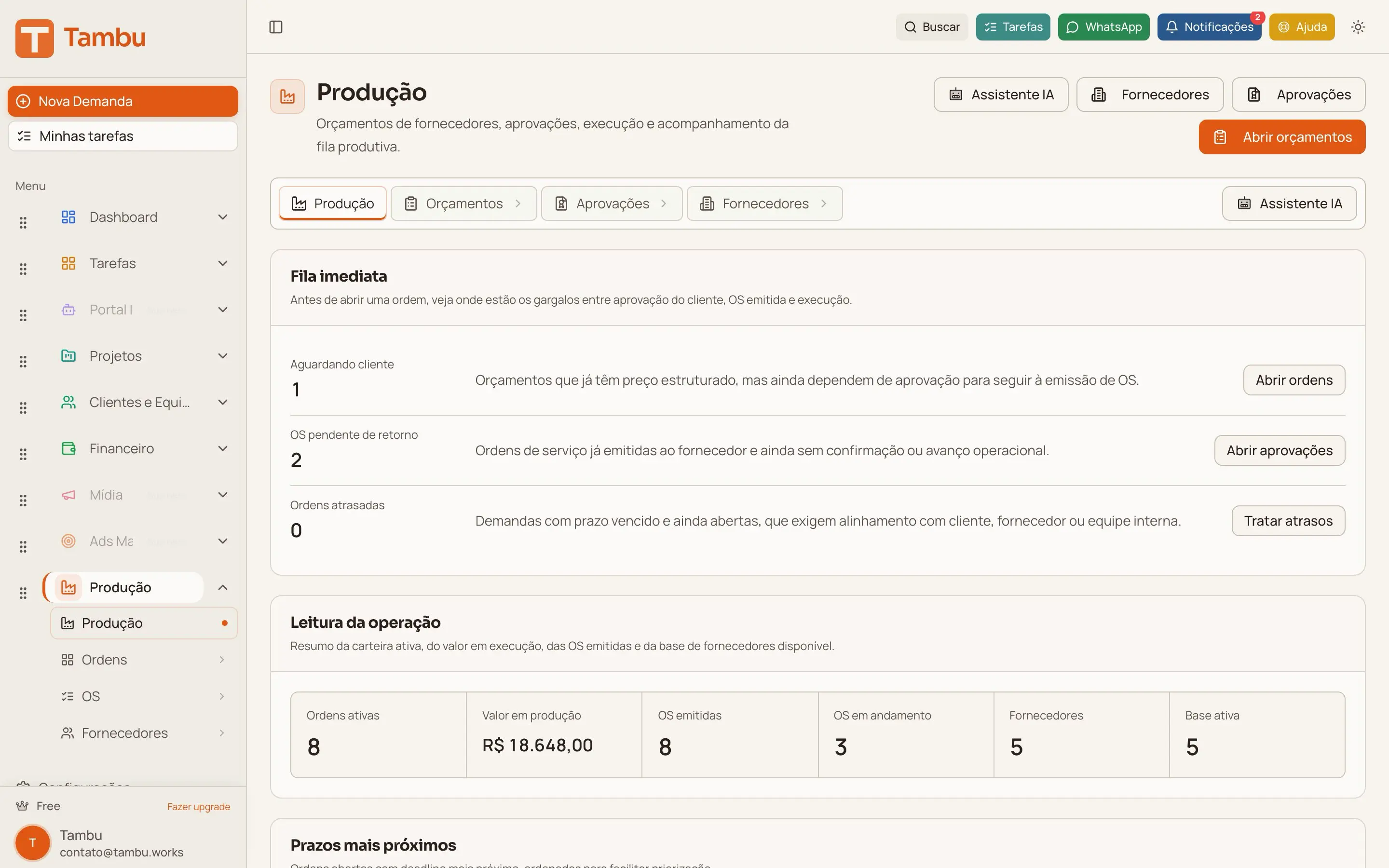 Screenshot do módulo Produção